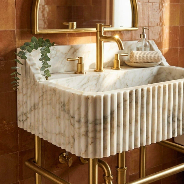 Custom Calacatta Gold Marble Pedestal Basin with Backsplash and Optional Metal Stand, Small Batch Artisan Production