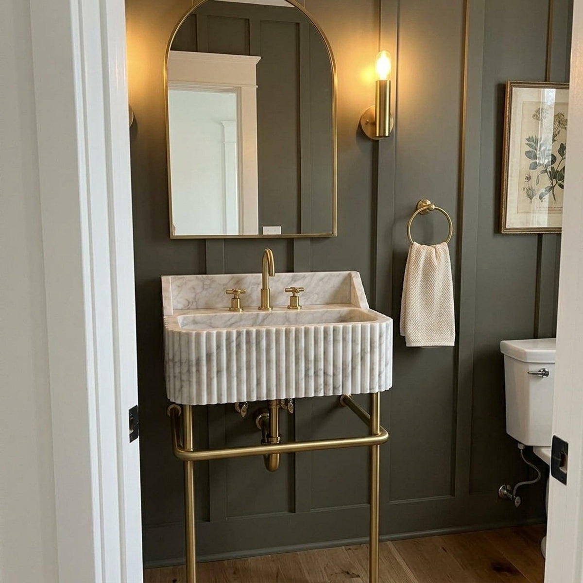 Custom Calacatta Gold Marble Pedestal Basin with Backsplash and Optional Metal Stand, Small Batch Artisan Production — view 16
