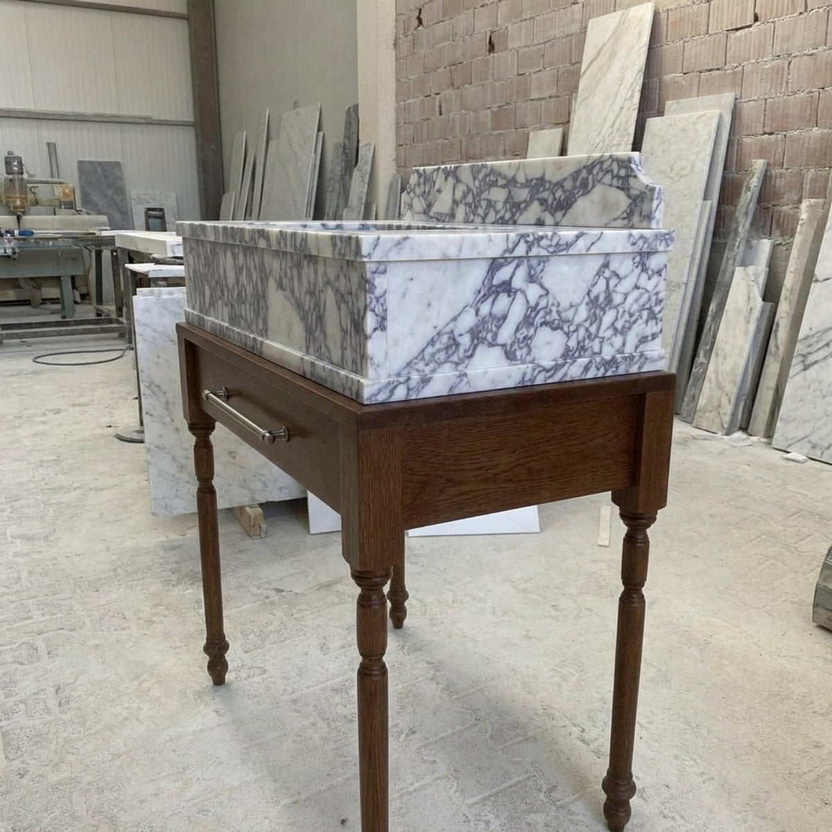 Hand Carved Calacatta Viola Marble Vanity Basin with Backsplash and Wood Vanity, Crafted in Limited Batches — view 7