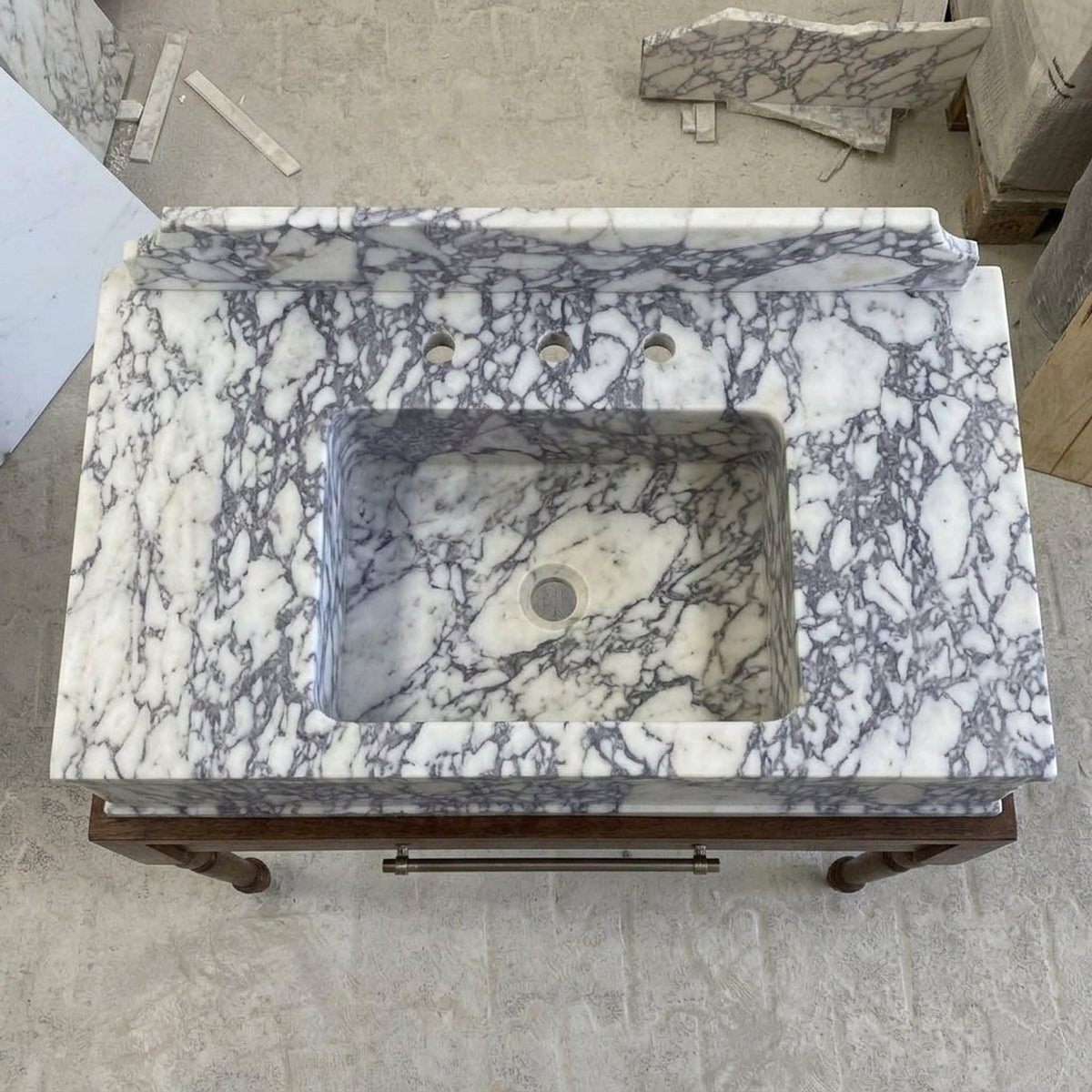 Hand Carved Calacatta Viola Marble Vanity Basin with Backsplash and Wood Vanity, Crafted in Limited Batches — view 5