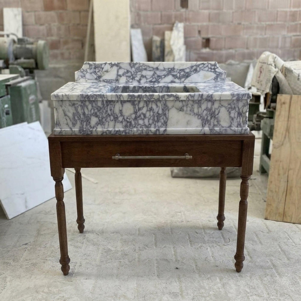Hand Carved Calacatta Viola Marble Vanity Basin with Backsplash and Wood Vanity, Crafted in Limited Batches — view 4