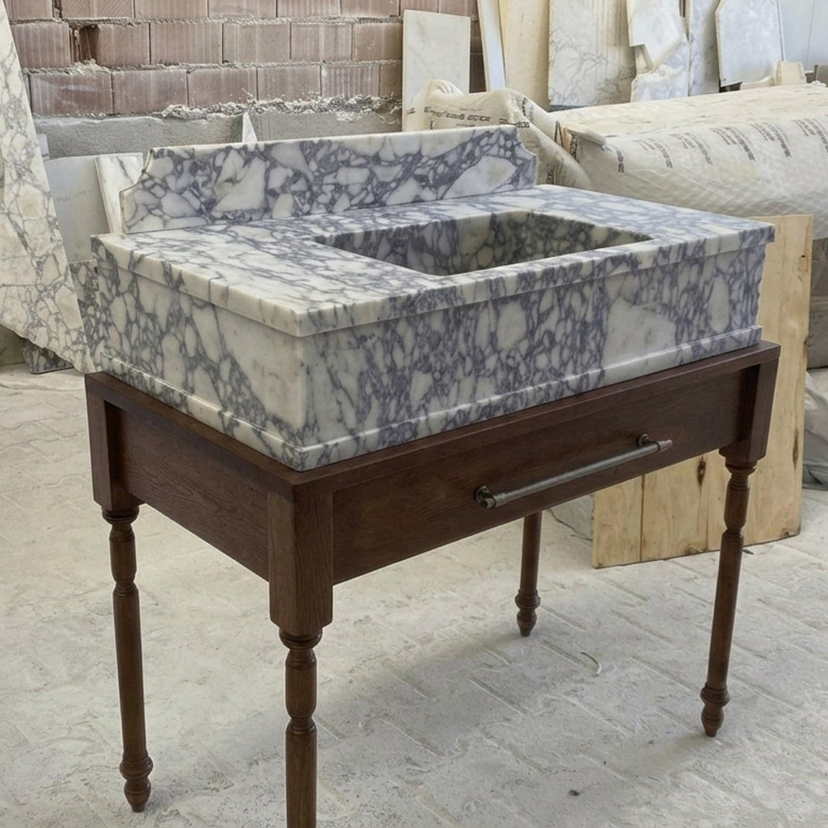 Hand Carved Calacatta Viola Marble Vanity Basin with Backsplash and Wood Vanity, Crafted in Limited Batches — view 3