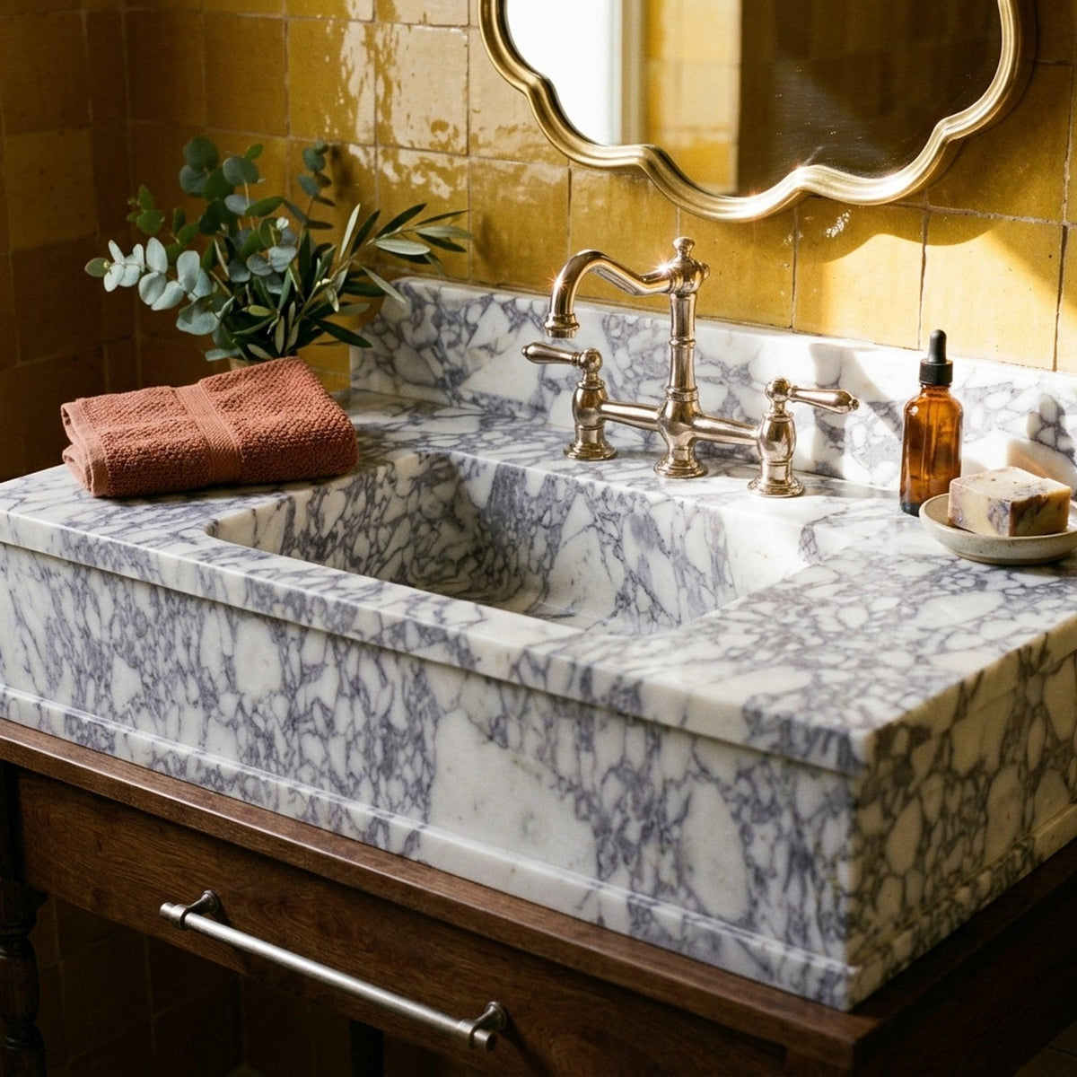 Hand Carved Calacatta Viola Marble Vanity Basin with Backsplash and Wood Vanity, Crafted in Limited Batches — view 1