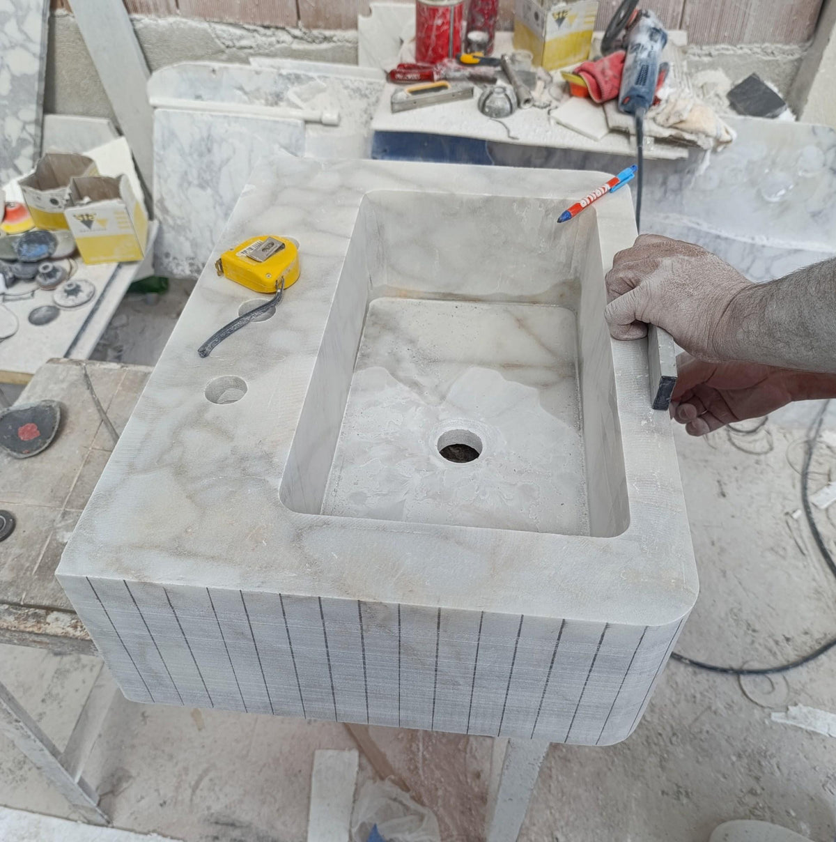 Handmade Calacatta Gold Bathroom Basin with Backsplash and Optional Metal Stand, Crafted in Limited Batches — view 15