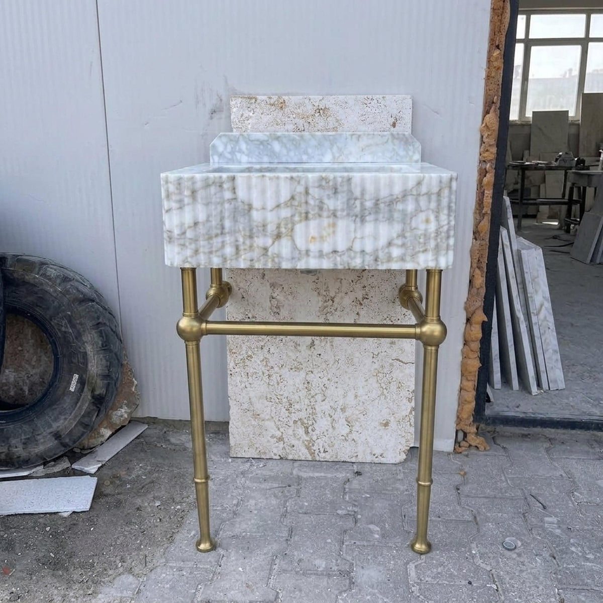 Handmade Calacatta Gold Bathroom Basin with Backsplash and Optional Metal Stand, Crafted in Limited Batches — view 3