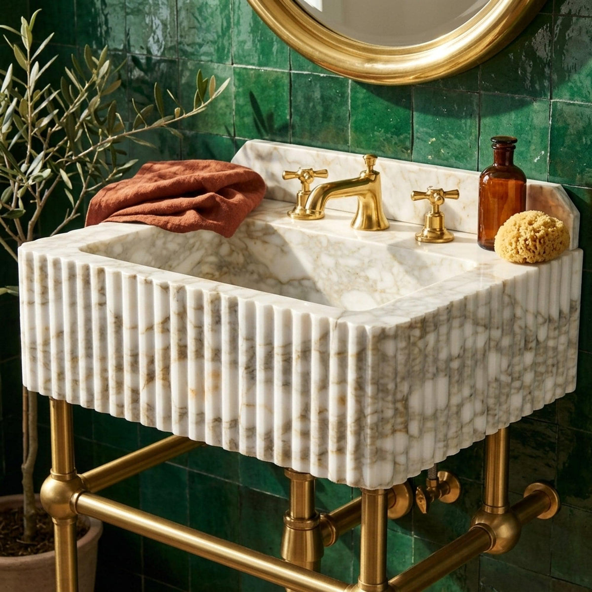 Handmade Calacatta Gold Bathroom Basin with Backsplash and Optional Metal Stand, Crafted in Limited Batches — view 1