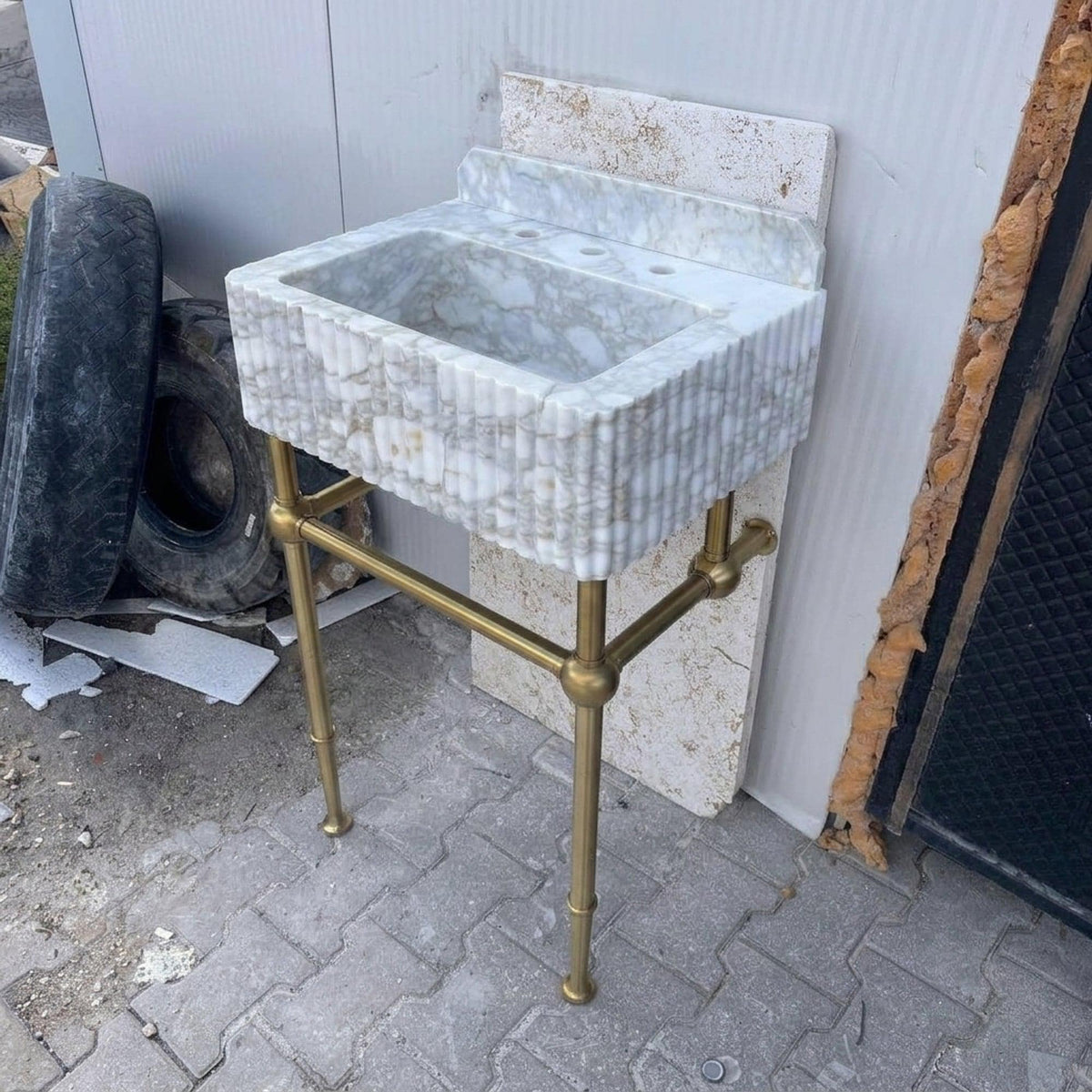 Handmade Calacatta Gold Bathroom Basin with Backsplash and Optional Metal Stand, Crafted in Limited Batches — view 4