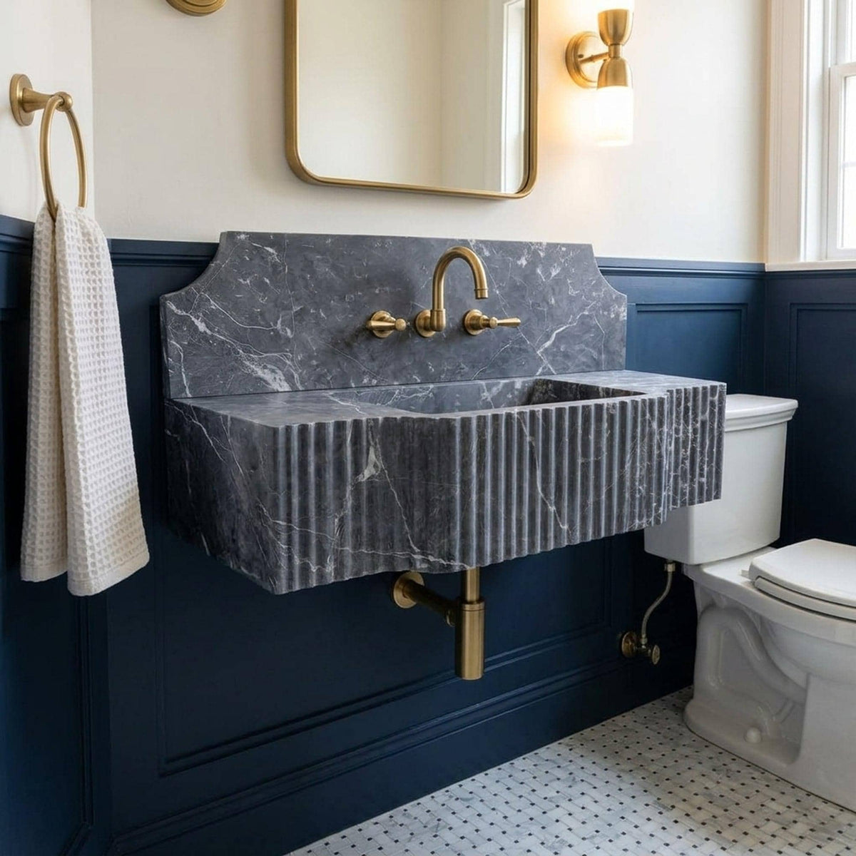 Custom Pietre Notte Floating Marble Basin with Backsplash and Hand Carved Detail, Short Run Atelier Craft — view 13