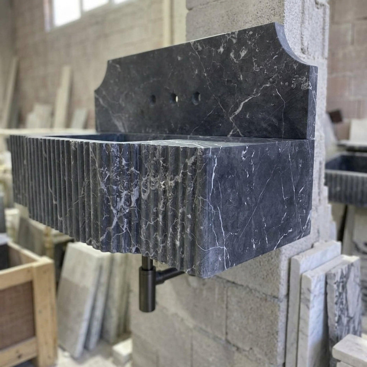 Custom Pietre Notte Floating Marble Basin with Backsplash and Hand Carved Detail, Short Run Atelier Craft — view 12