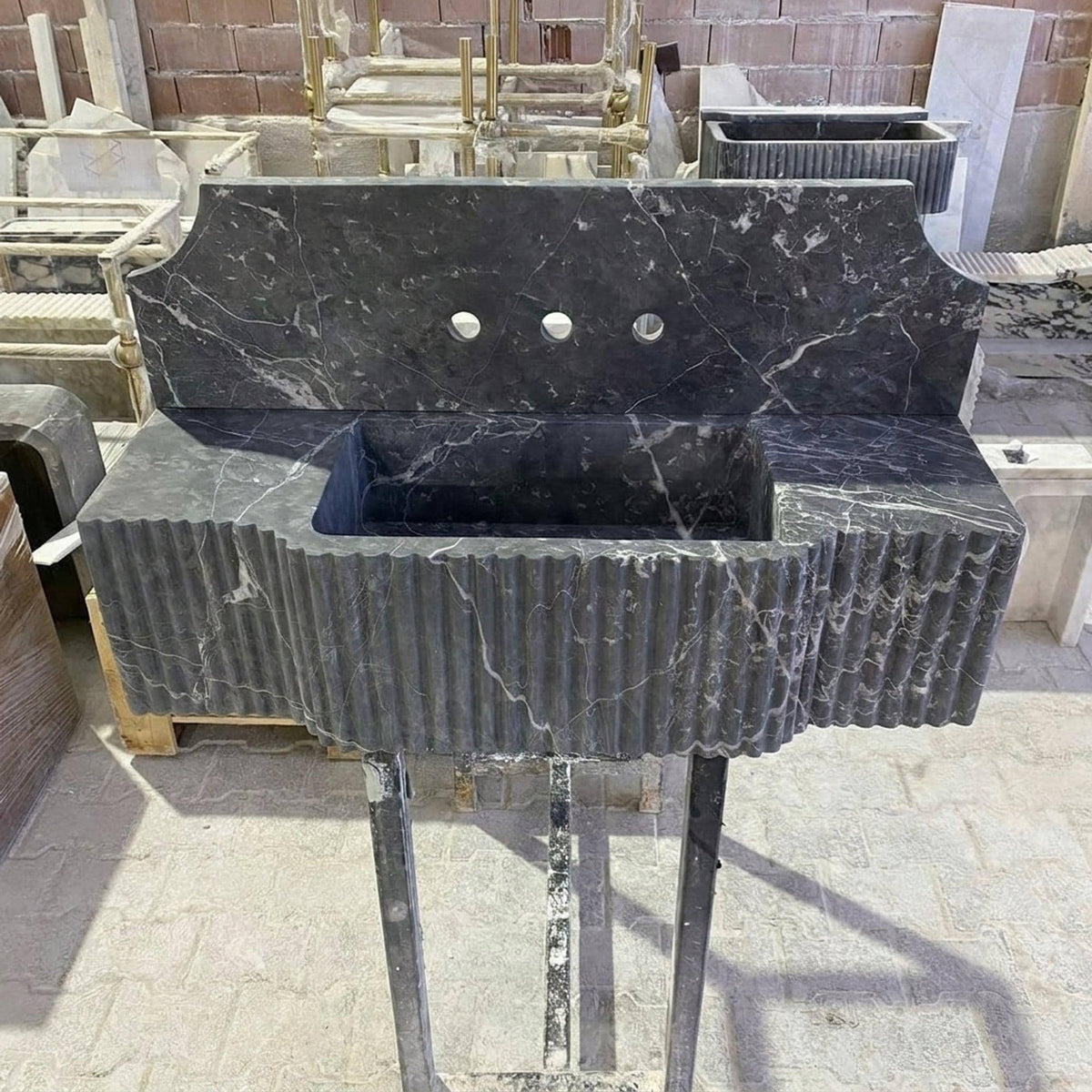 Custom Pietre Notte Floating Marble Basin with Backsplash and Hand Carved Detail, Short Run Atelier Craft — view 3