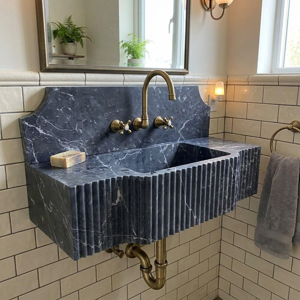 Custom Pietre Notte Floating Marble Basin with Backsplash and Hand Carved Detail, Short Run Atelier Craft — view 16