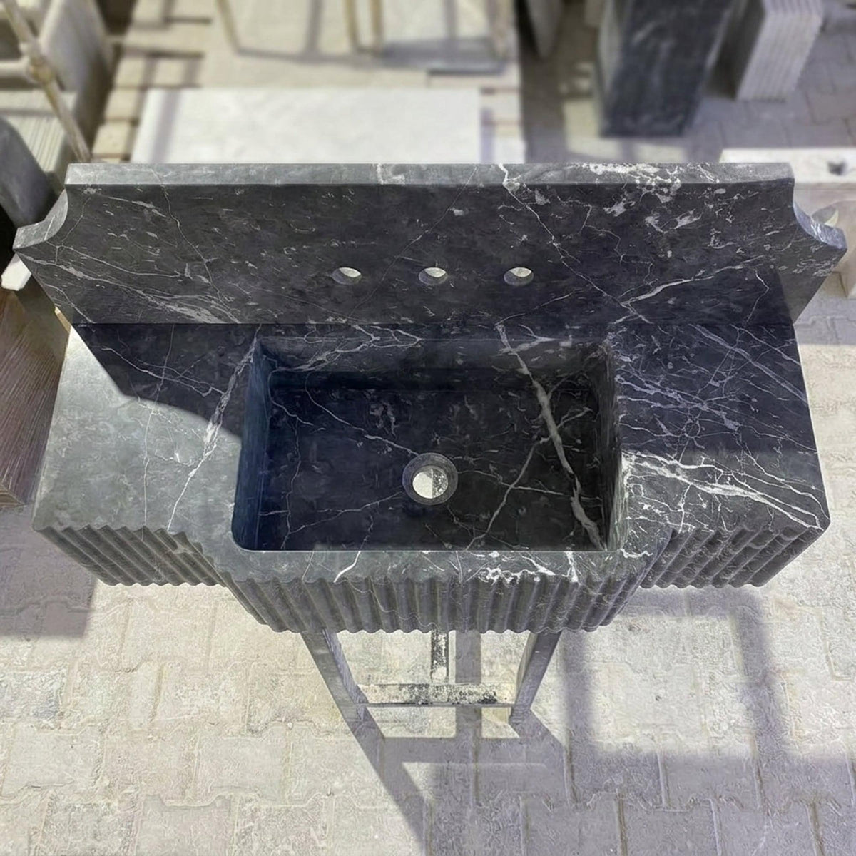 Custom Pietre Notte Floating Marble Basin with Backsplash and Hand Carved Detail, Short Run Atelier Craft — view 5