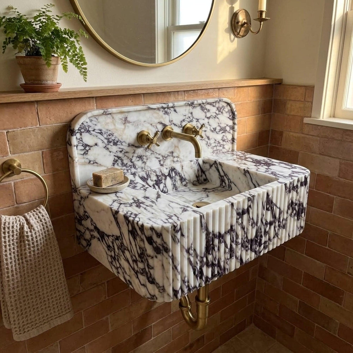 Marble Pedestal Sink | Calacatta Viola Fluted Floating Marble Basin with Backsplash and Hand Carved Detail, Short Run Atelier Craft — view 15