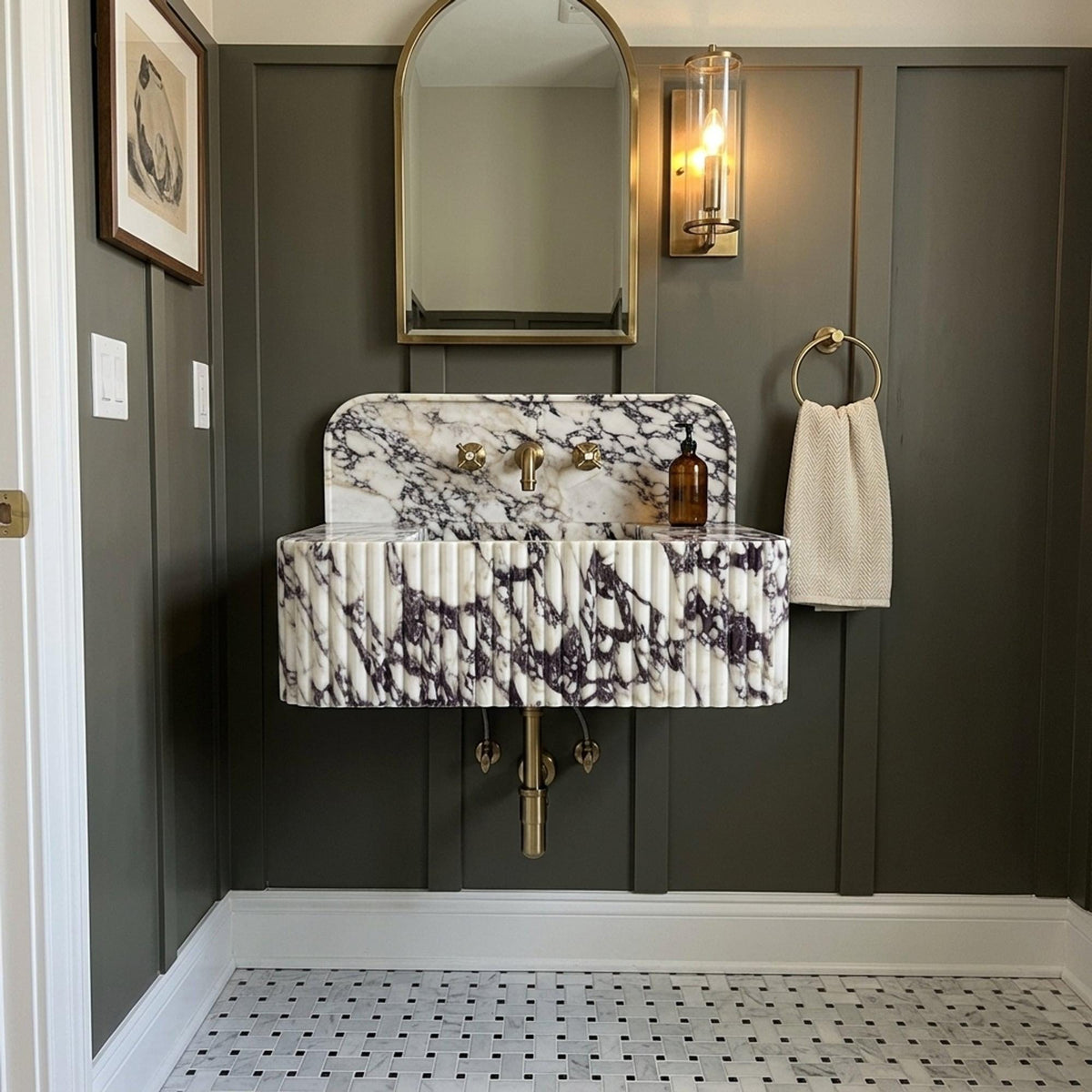 Marble Pedestal Sink | Calacatta Viola Fluted Floating Marble Basin with Backsplash and Hand Carved Detail, Short Run Atelier Craft — view 17