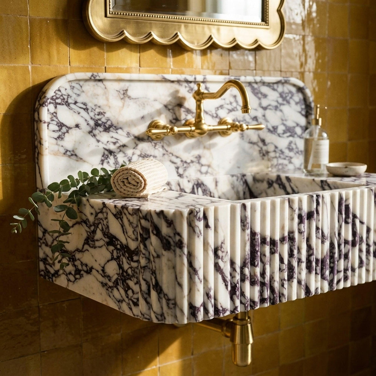 Marble Pedestal Sink | Calacatta Viola Fluted Floating Marble Basin with Backsplash and Hand Carved Detail, Short Run Atelier Craft — view 1
