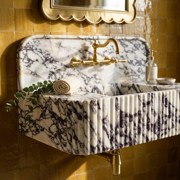 Marble Pedestal Sink | Calacatta Viola Fluted Floating Marble Basin with Backsplash and Hand Carved Detail, Short Run Atelier Craft