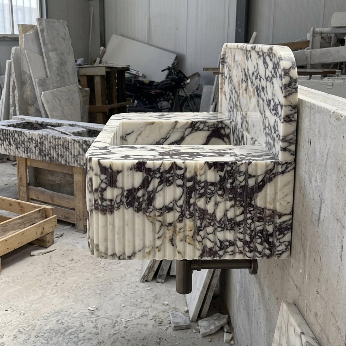 Marble Pedestal Sink | Calacatta Viola Fluted Floating Marble Basin with Backsplash and Hand Carved Detail, Short Run Atelier Craft — view 5