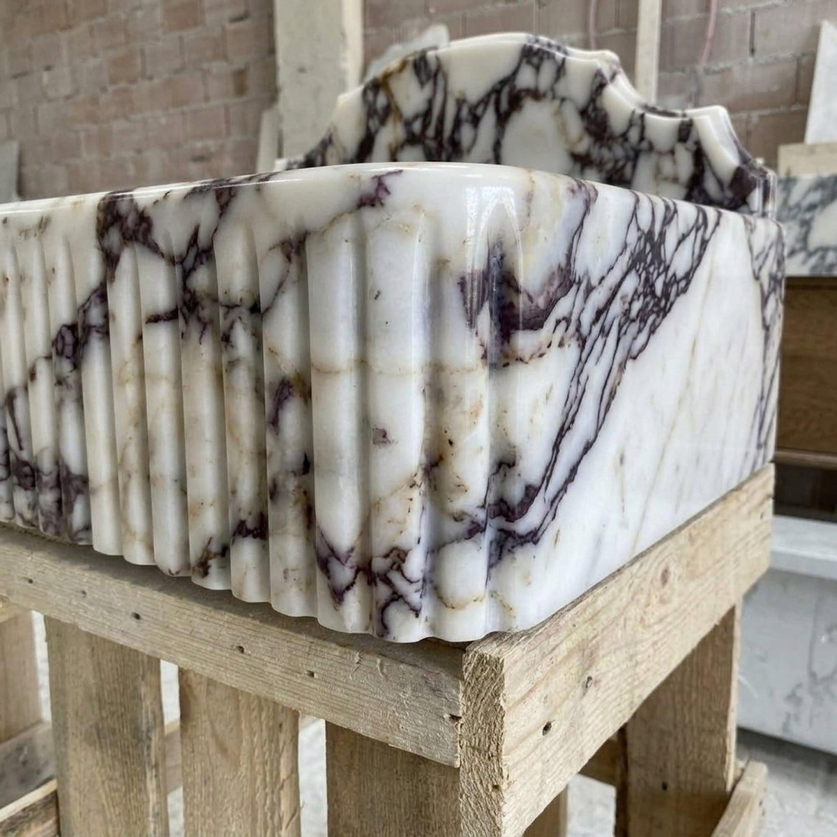 Calacatta Viola Fluted Floating Marble Basin with Backsplash and Hand Carved Detail for Custom Bathroom, Polished — view 6