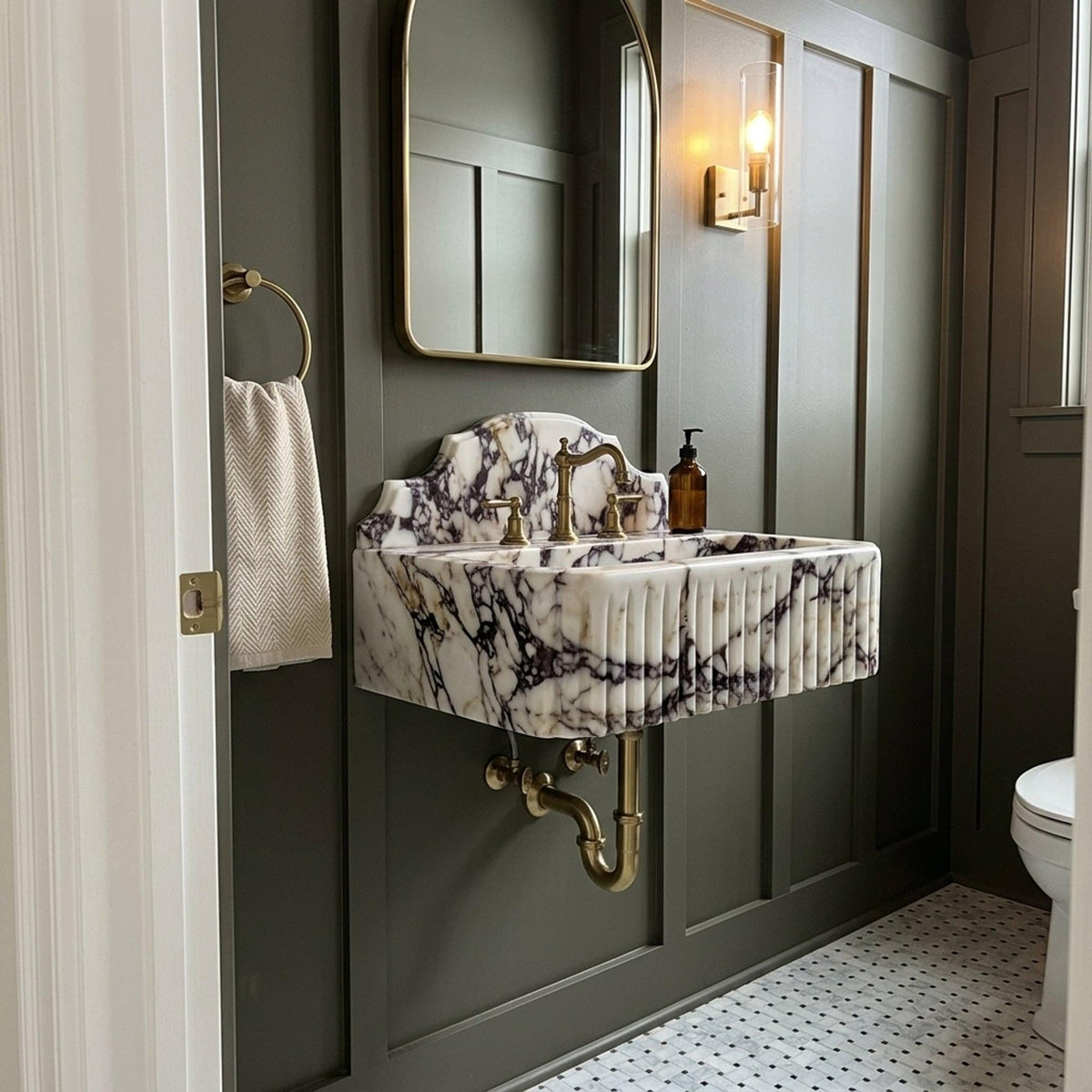 Calacatta Viola Fluted Floating Marble Basin with Backsplash and Hand Carved Detail for Custom Bathroom, Polished — view 14