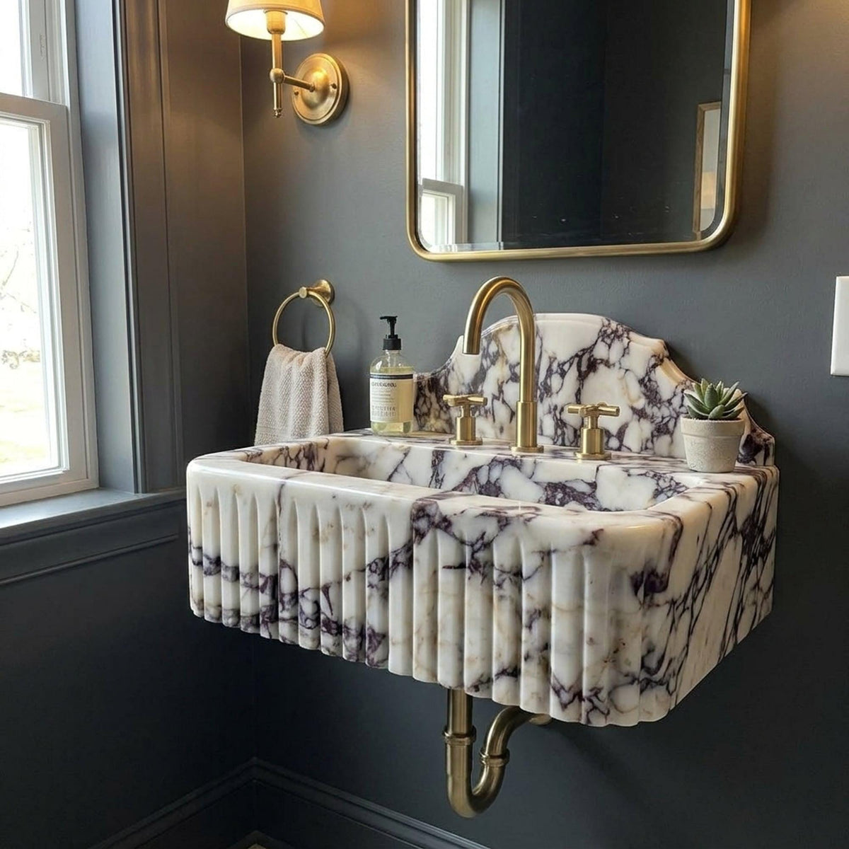Calacatta Viola Fluted Floating Marble Basin with Backsplash and Hand Carved Detail for Custom Bathroom, Polished — view 2