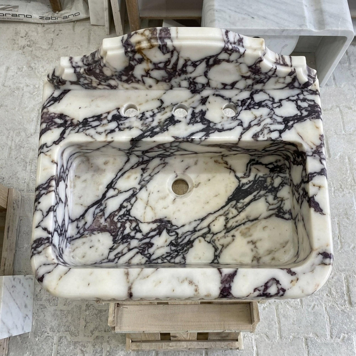 Calacatta Viola Fluted Floating Marble Basin with Backsplash and Hand Carved Detail for Custom Bathroom, Polished — view 4