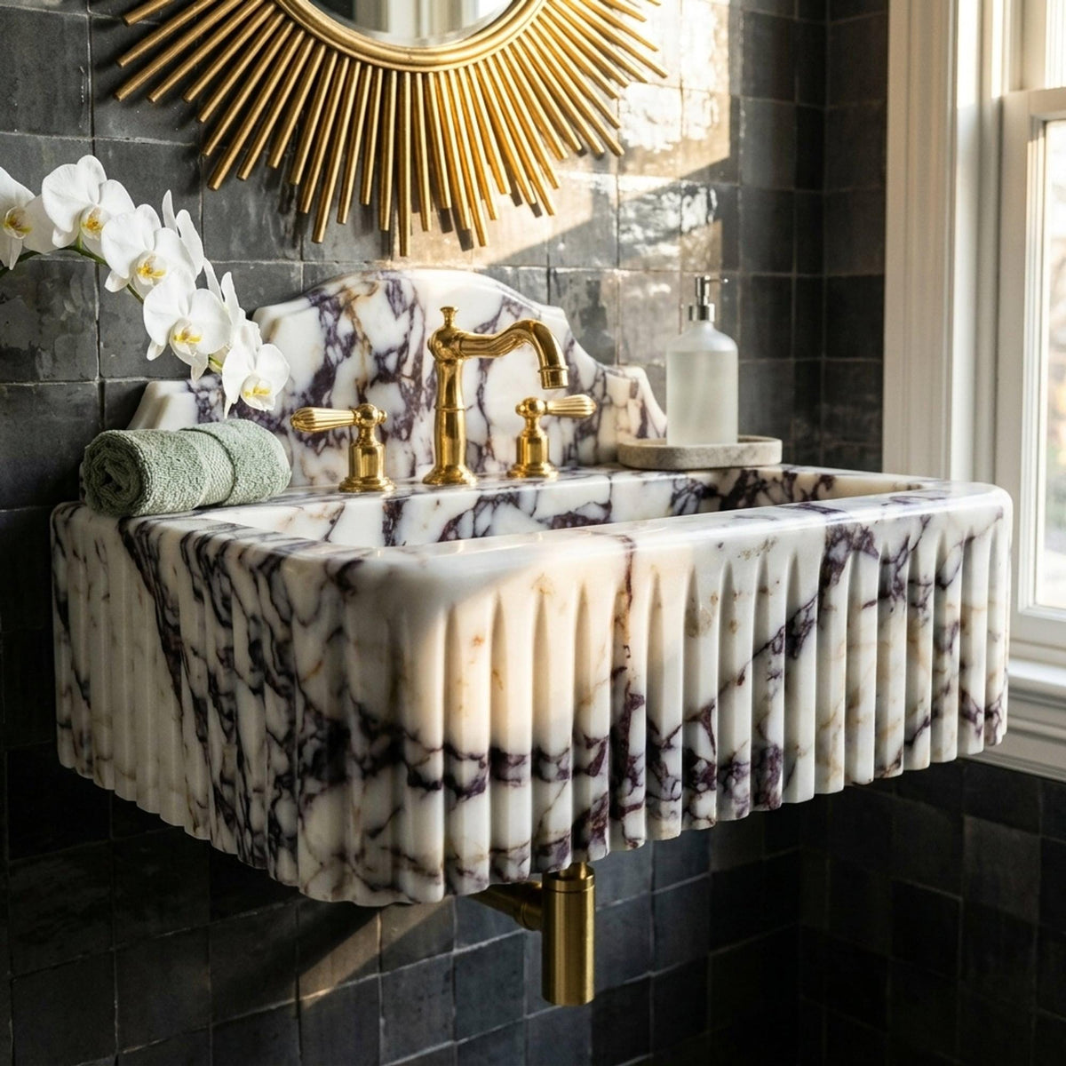 Calacatta Viola Fluted Floating Marble Basin with Backsplash and Hand Carved Detail for Custom Bathroom, Polished — view 1