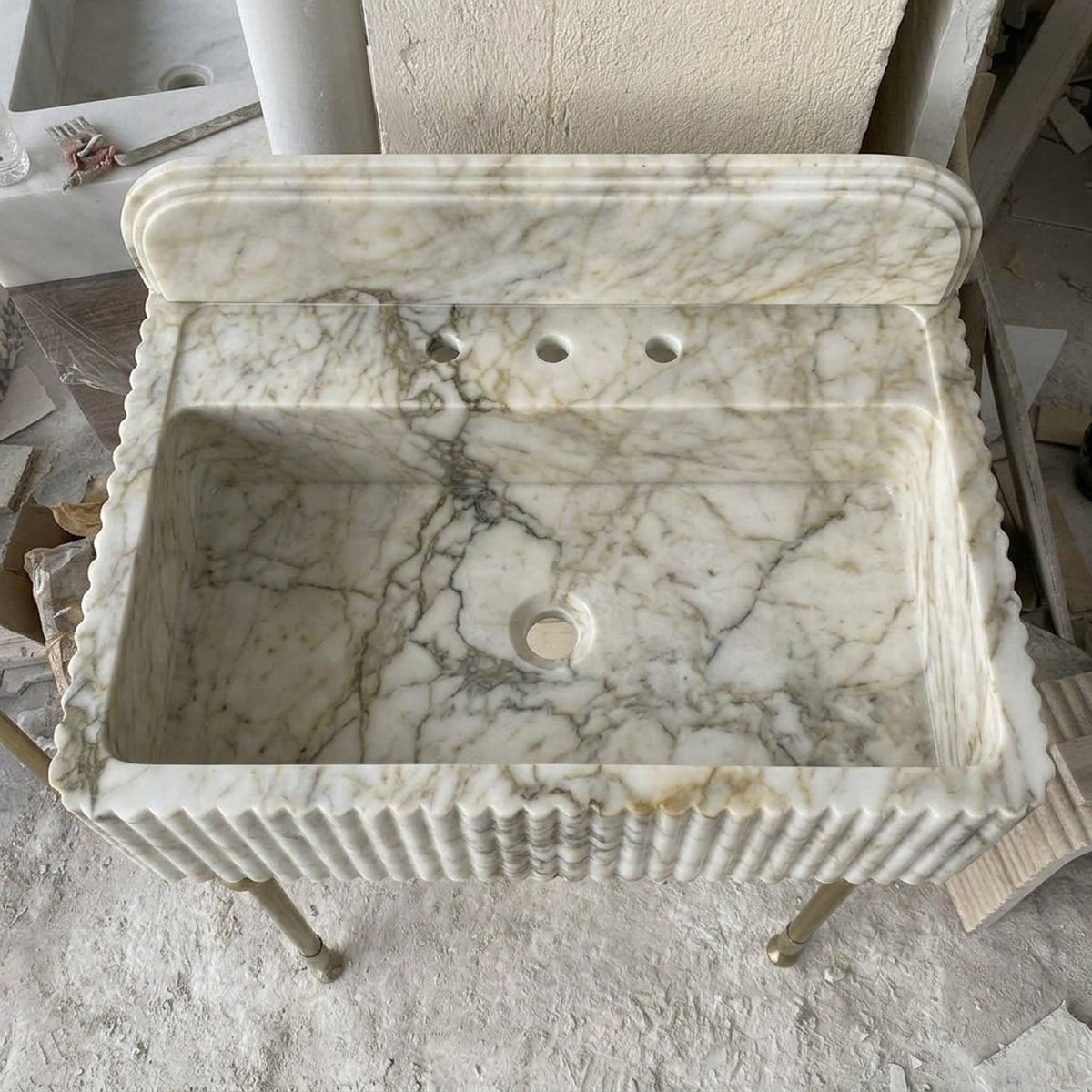 Calacatta Gold Fluted Marble Pedestal Basin with Backsplash and Optional Metal Stand, Limited Small Batch Craft — view 19