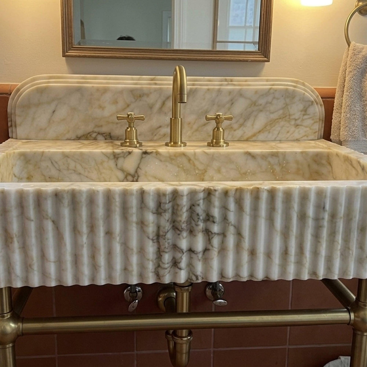 Calacatta Gold Fluted Marble Pedestal Basin with Backsplash and Optional Metal Stand, Limited Small Batch Craft — view 20