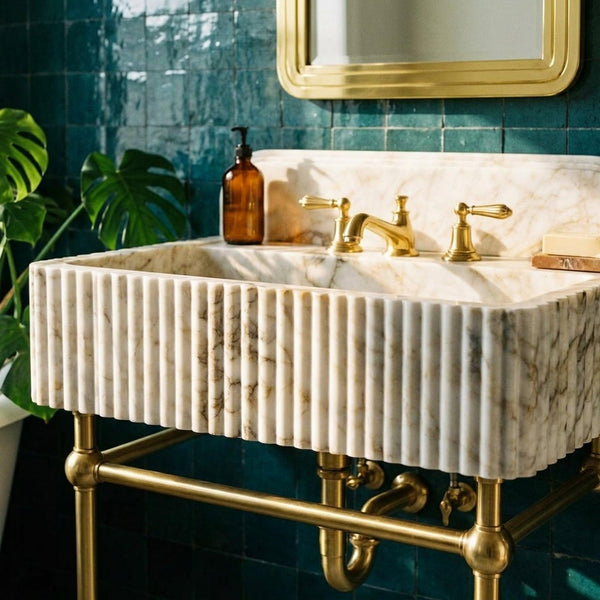Calacatta Gold Fluted Marble Pedestal Basin with Backsplash and Optional Metal Stand, Limited Small Batch Craft