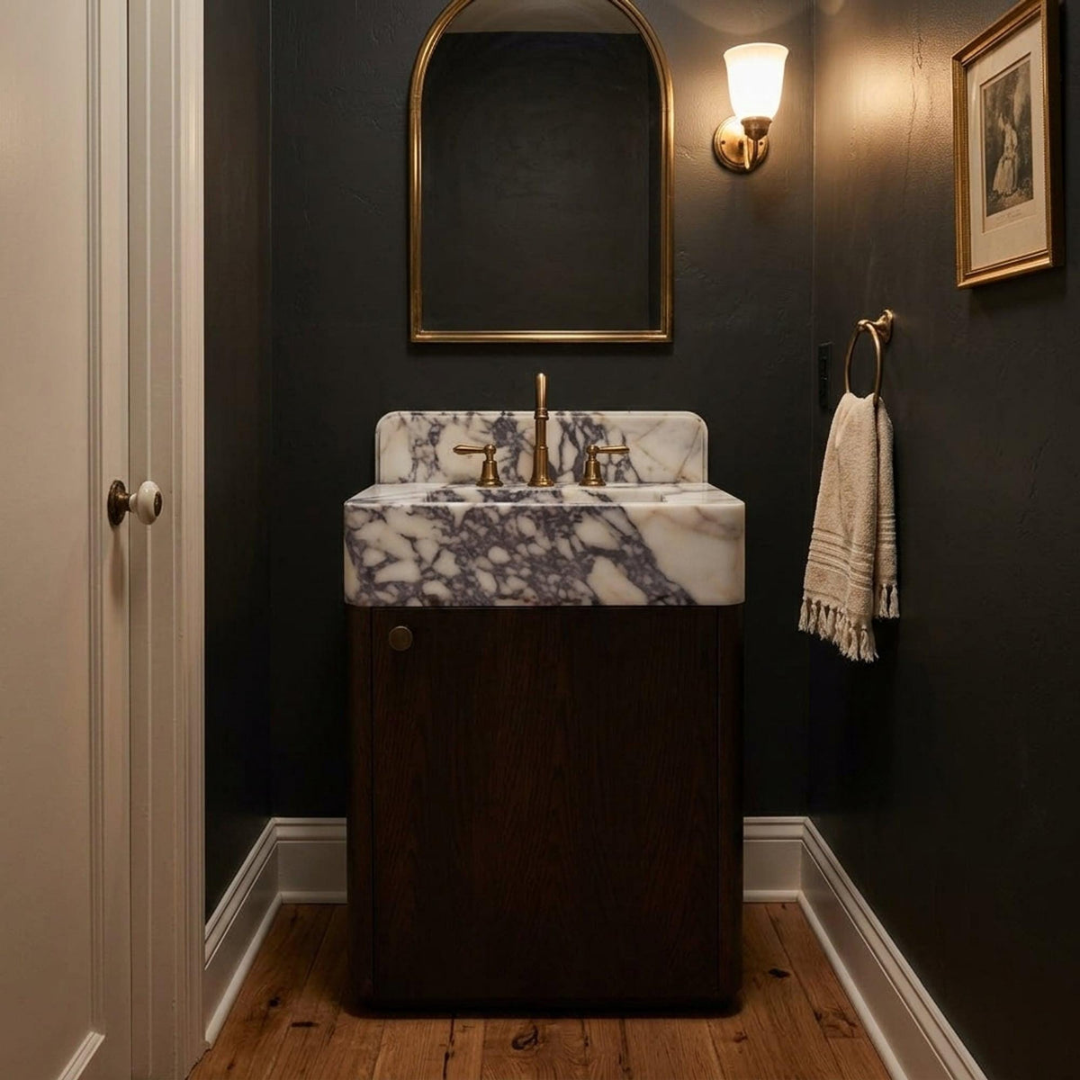 Marble Pedestal Sink | Custom Calacatta Viola Marble Vanity Basin with Backsplash and Wood Vanity, Made in Small Batches — view 15