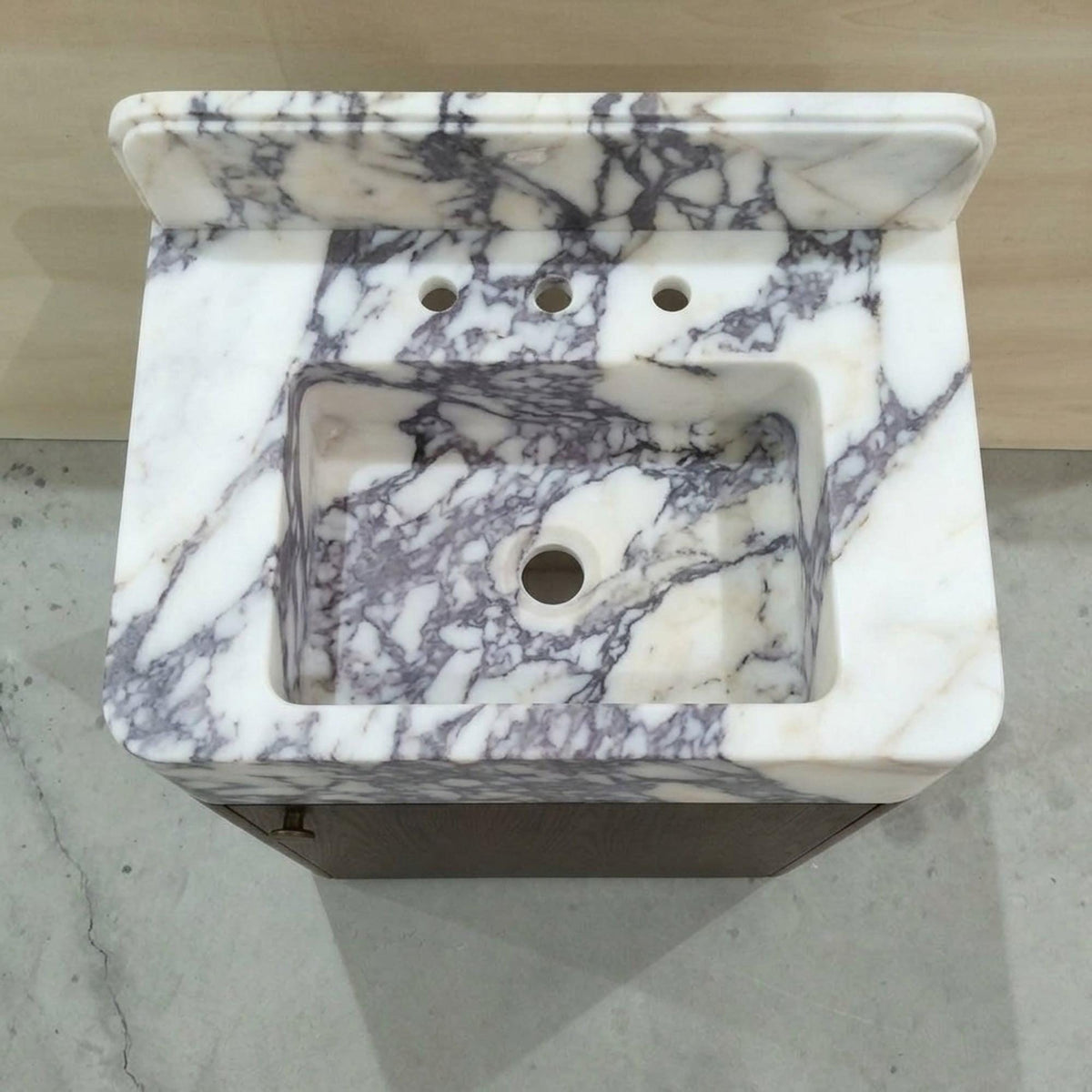 Marble Pedestal Sink | Custom Calacatta Viola Marble Vanity Basin with Backsplash and Wood Vanity, Made in Small Batches — view 4