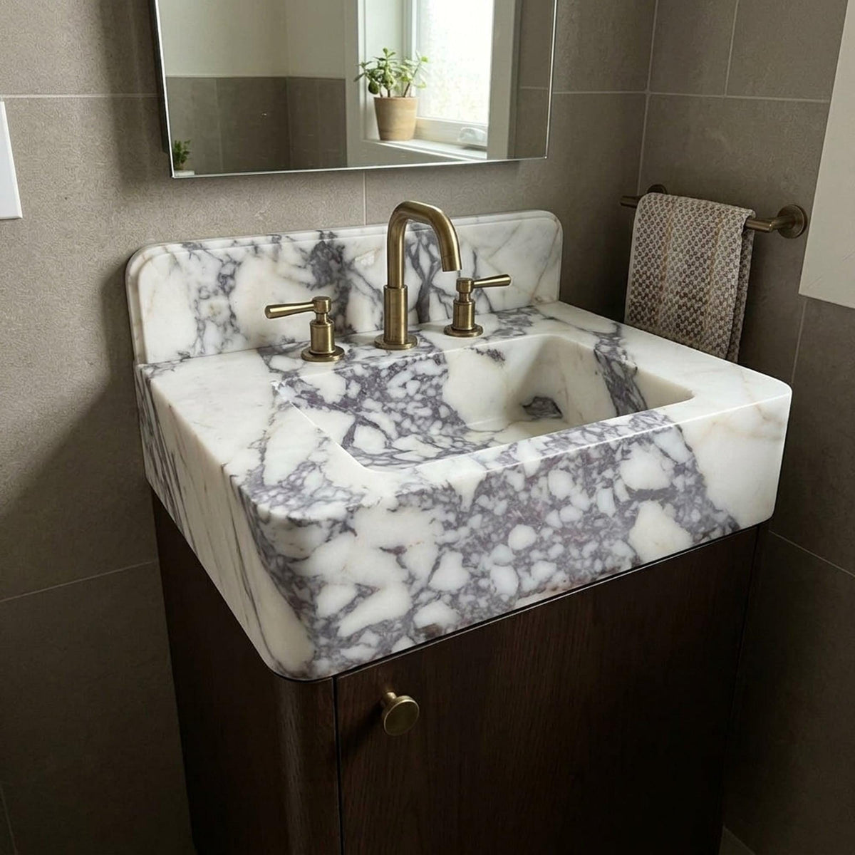 Marble Pedestal Sink | Custom Calacatta Viola Marble Vanity Basin with Backsplash and Wood Vanity, Made in Small Batches — view 17