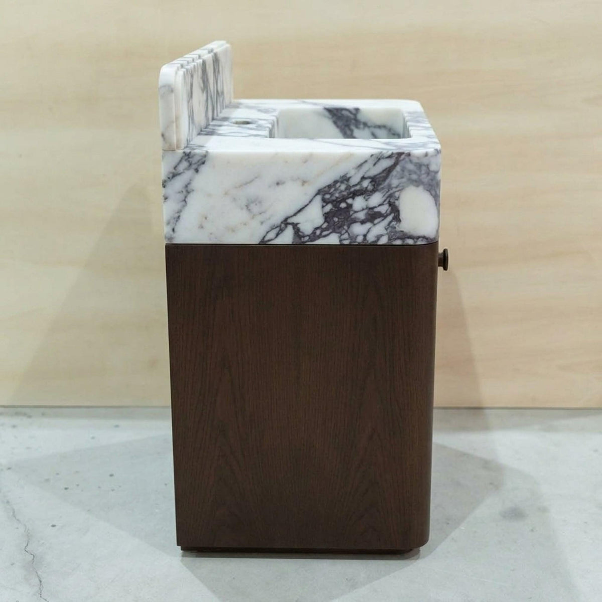 Marble Pedestal Sink | Custom Calacatta Viola Marble Vanity Basin with Backsplash and Wood Vanity, Made in Small Batches — view 5