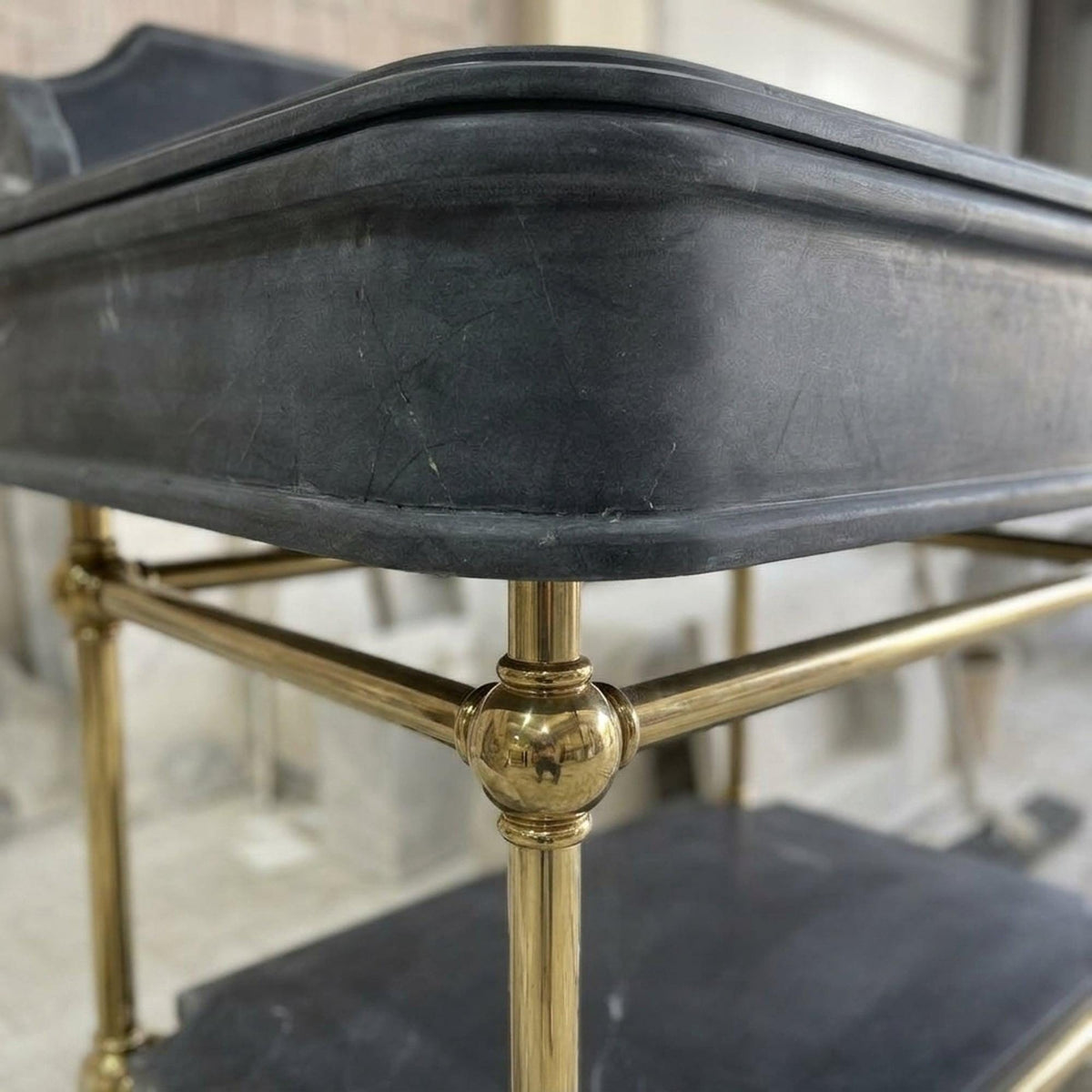 Hand Carved Pietre Notte Marble Pedestal Basin with Backsplash and Optional Metal Stand, Made in Small Batches — view 6