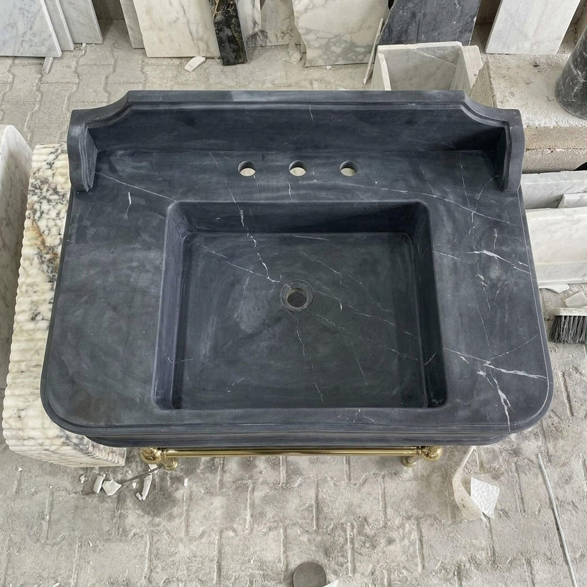 Hand Carved Pietre Notte Marble Pedestal Basin with Backsplash and Optional Metal Stand, Made in Small Batches — view 4