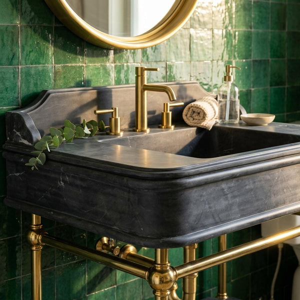 Hand Carved Pietre Notte Marble Pedestal Basin with Backsplash and Optional Metal Stand, Made in Small Batches