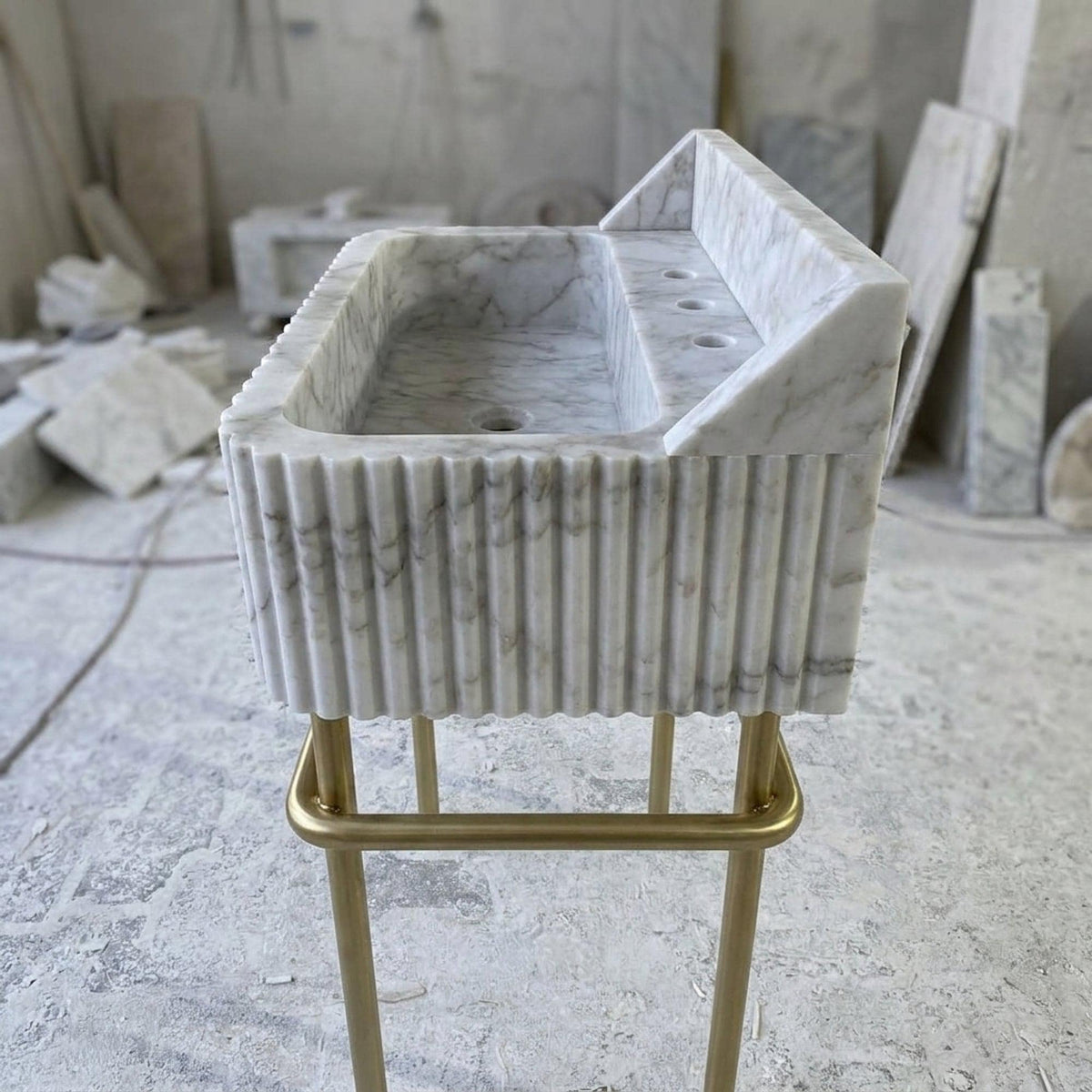 Custom Calacatta Gold Marble Pedestal Basin with Backsplash and Optional Metal Stand, Small Batch Artisan Production — view 4
