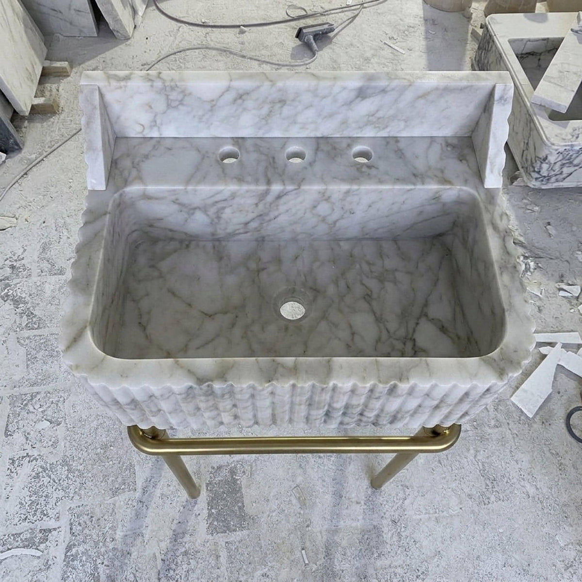 Custom Calacatta Gold Marble Pedestal Basin with Backsplash and Optional Metal Stand, Small Batch Artisan Production — view 3