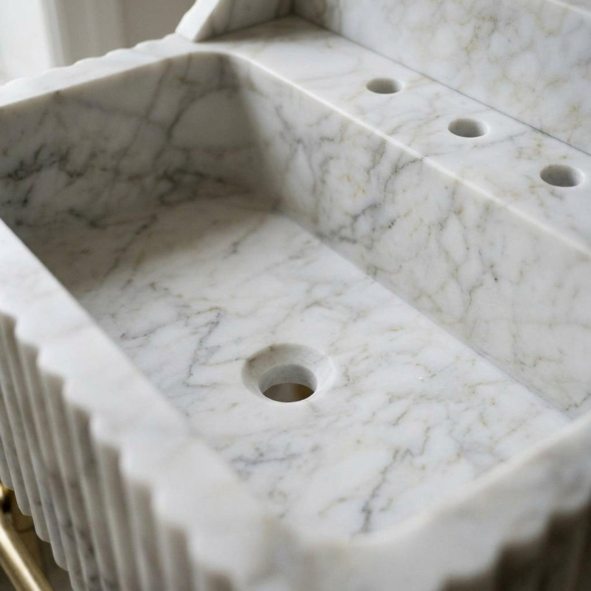 Custom Calacatta Gold Marble Pedestal Basin with Backsplash and Optional Metal Stand, Small Batch Artisan Production — view 6