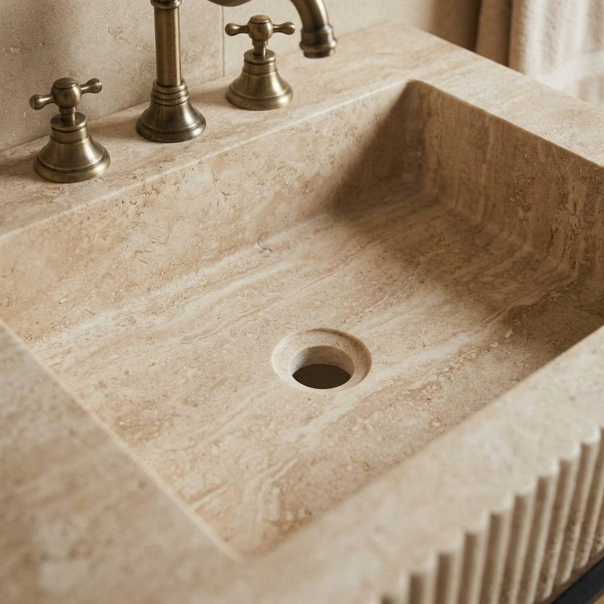 Handmade Travertine Bathroom Basin with Wood Vanity and Hand Carved Detail, Small Batch Artisan Production — view 17