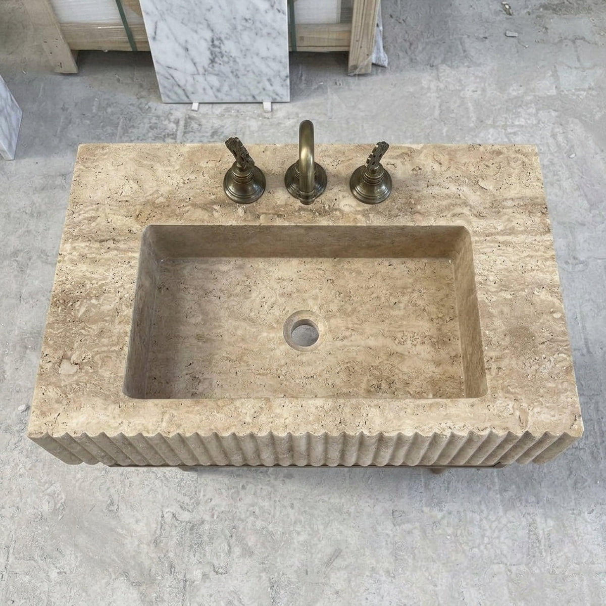 Handmade Travertine Bathroom Basin with Wood Vanity and Hand Carved Detail, Small Batch Artisan Production — view 3