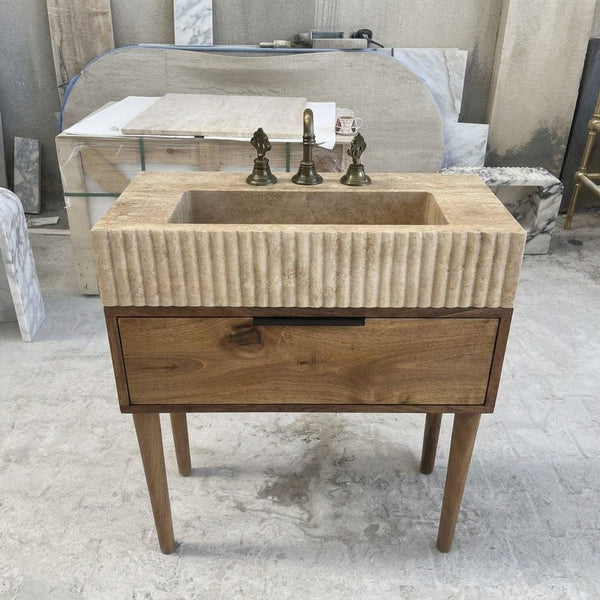 Handmade Travertine Bathroom Basin with Wood Vanity and Hand Carved Detail, Small Batch Artisan Production hover