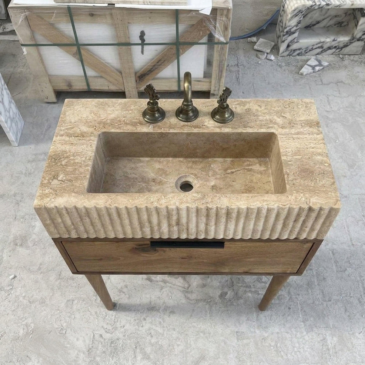 Handmade Travertine Bathroom Basin with Wood Vanity and Hand Carved Detail, Small Batch Artisan Production — view 4