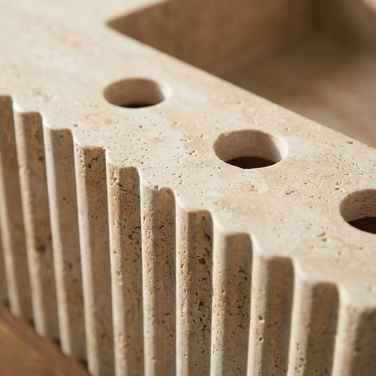 Handmade Travertine Bathroom Basin with Wood Vanity and Hand Carved Detail, Small Batch Artisan Production — view 6