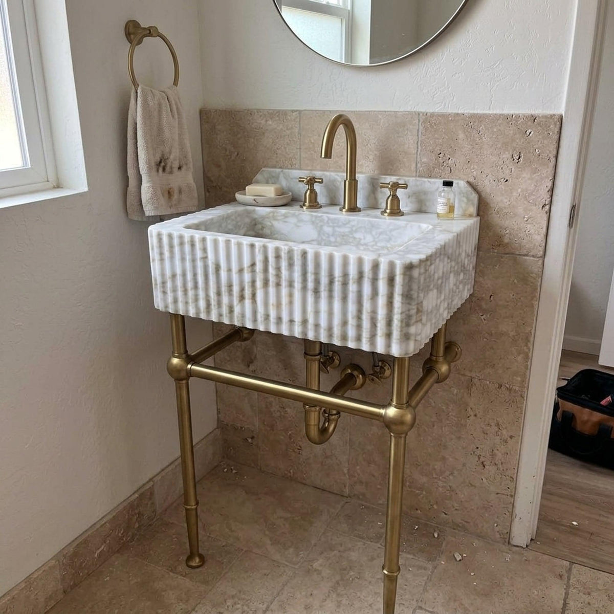 Handmade Calacatta Gold Bathroom Basin with Backsplash and Optional Metal Stand, Crafted in Limited Batches — view 18