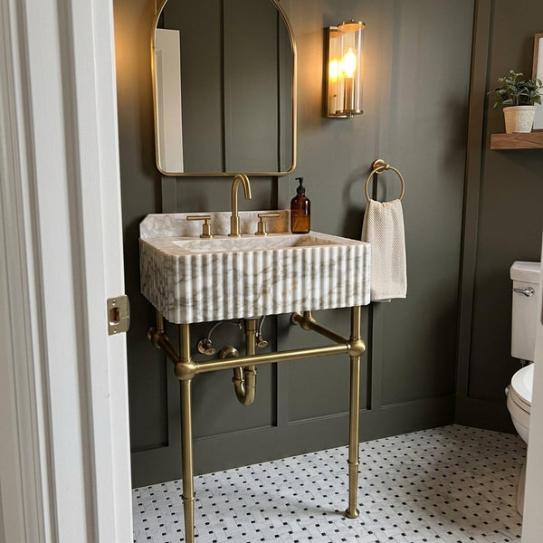 Handmade Calacatta Gold Bathroom Basin with Backsplash and Optional Metal Stand, Crafted in Limited Batches hover