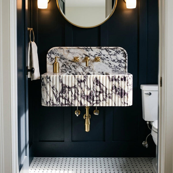 Marble Pedestal Sink | Calacatta Viola Fluted Floating Marble Basin with Backsplash and Hand Carved Detail, Short Run Atelier Craft hover