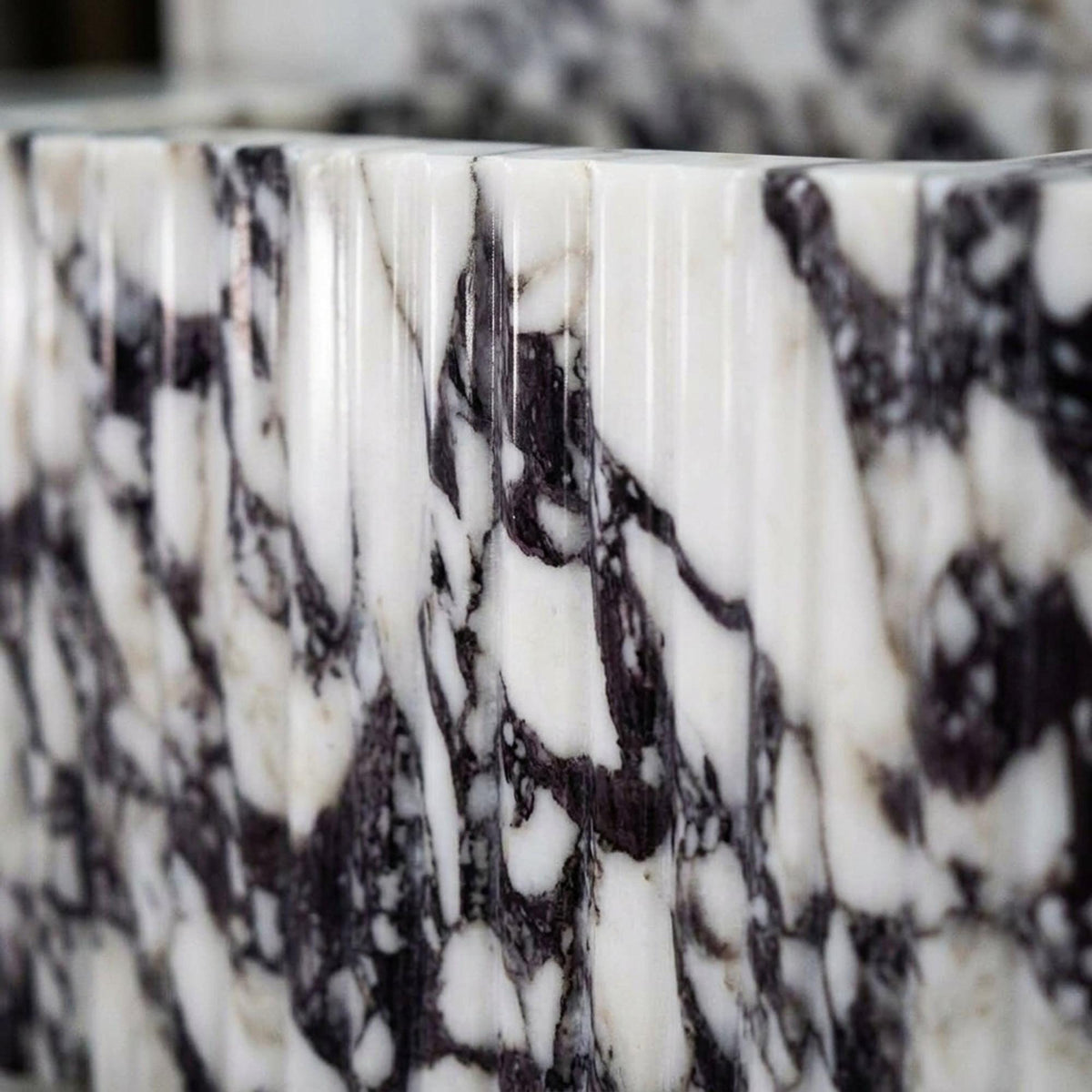 Marble Pedestal Sink | Calacatta Viola Fluted Floating Marble Basin with Backsplash and Hand Carved Detail, Short Run Atelier Craft — view 8