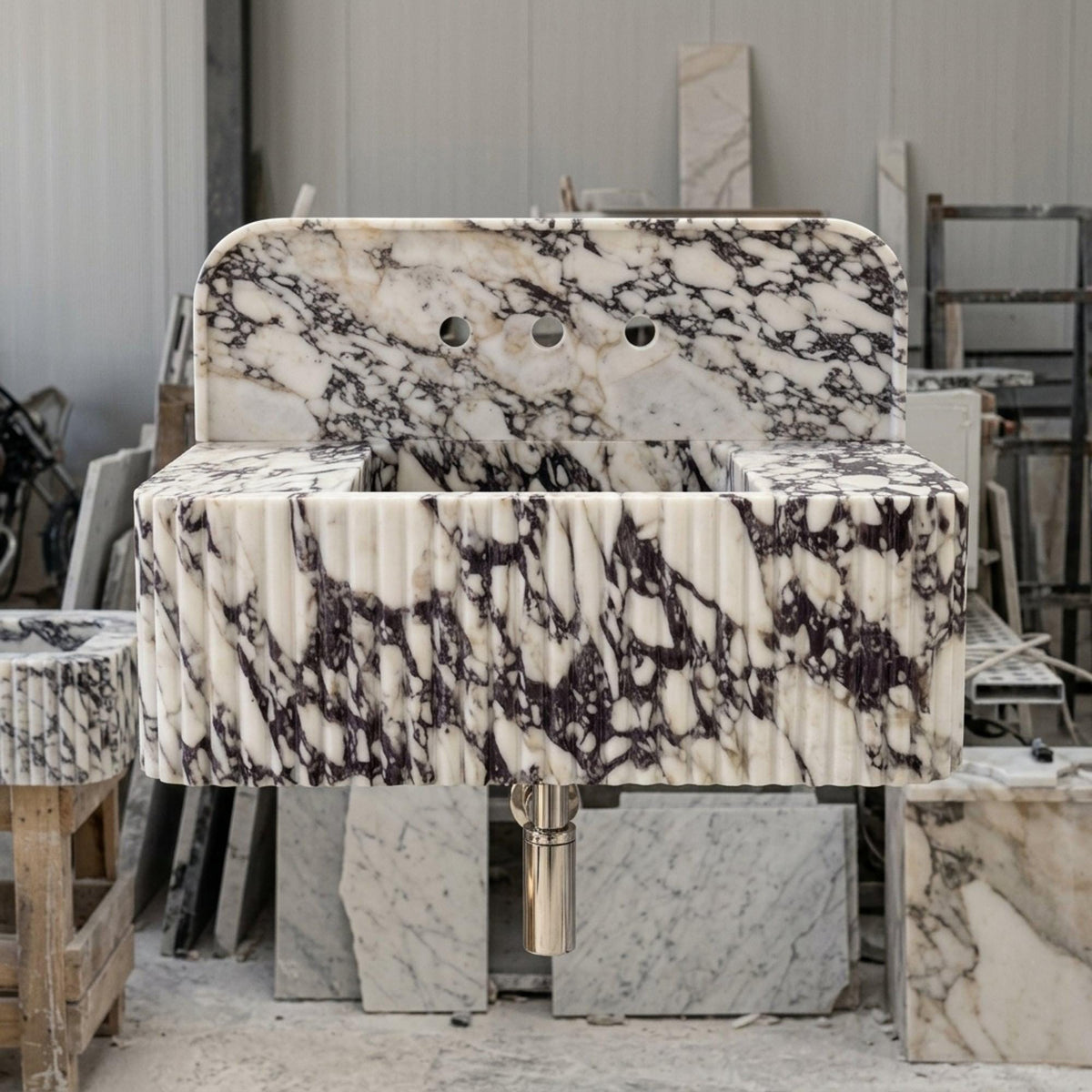 Marble Pedestal Sink | Calacatta Viola Fluted Floating Marble Basin with Backsplash and Hand Carved Detail, Short Run Atelier Craft — view 4