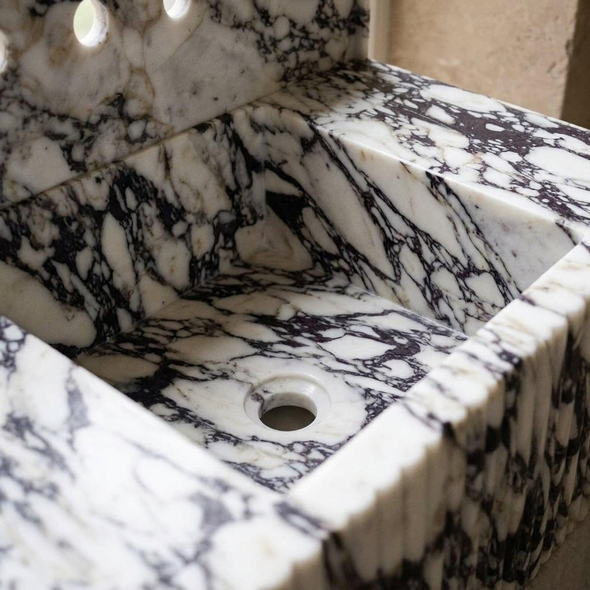 Marble Pedestal Sink | Calacatta Viola Fluted Floating Marble Basin with Backsplash and Hand Carved Detail, Short Run Atelier Craft — view 3